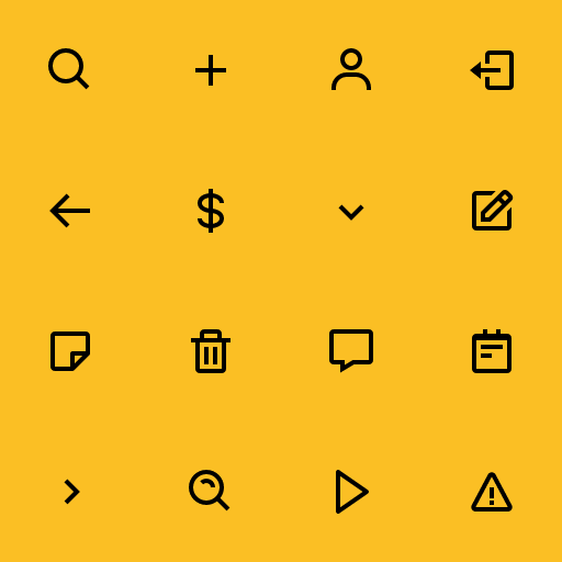 Popular BoxIcons icons: Search icon, Plus icon, User icon, Log Out icon, Arrow Back icon, Dollar icon, Chevron Down icon, Edit icon, Note icon, Trash icon, Message icon, Notepad icon, Chevron Right icon, Search Alt icon, Right Arrow icon, Error icon