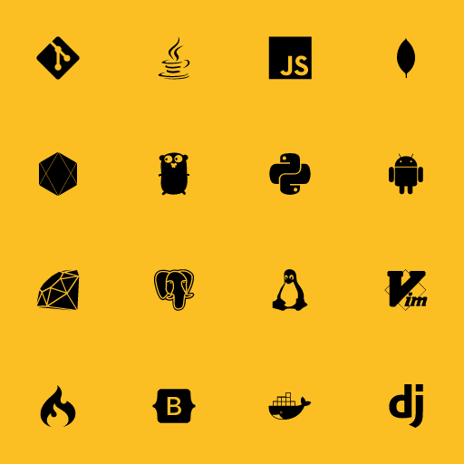 Popular Devicon Plain icons: Git icon, Java icon, Javascript icon, Mongodb icon, Nodejs icon, Go icon, Python icon, Android icon, Ruby icon, Postgresql icon, Linux icon, Vim icon, Codeigniter icon, Bootstrap icon, Docker icon, Django icon