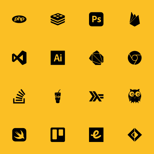 Popular Devicon Plain icons: Php icon, Redis icon, Photoshop icon, Firebase icon, Visualstudio icon, Illustrator icon, Dart icon, Chrome icon, Stackoverflow icon, Gulp icon, Haskell icon, Prolog icon, Swift icon, Trello icon, Ember icon, Fsharp icon