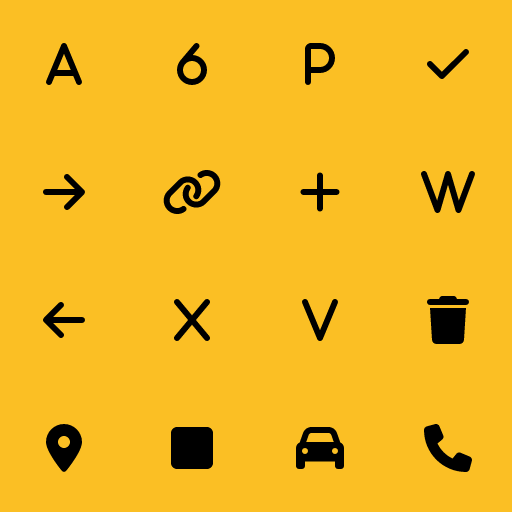 Popular Font Awesome Solid icons: A icon, 6 icon, P icon, Check icon, Arrow Right icon, Link icon, Plus icon, W icon, Arrow Left icon, X icon, V icon, Trash icon, Location Dot icon, Square icon, Car icon, Phone icon