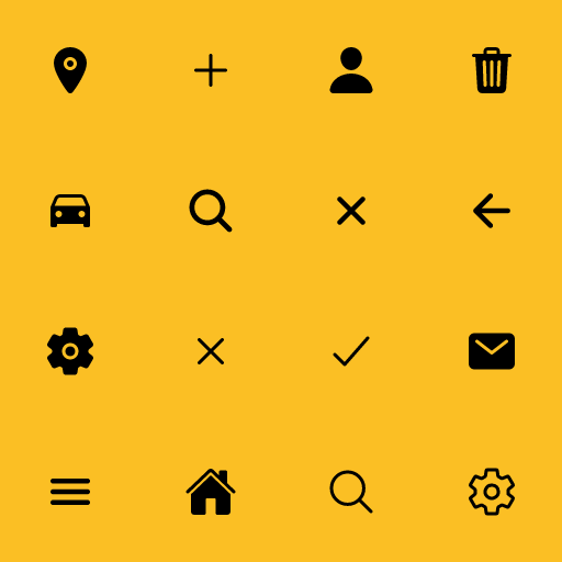 Popular IonIcons icons: Location icon, Add icon, Person icon, Trash icon, Car icon, Search icon, Close icon, Arrow Back icon, Settings icon, Close Outline icon, Checkmark icon, Mail icon, Menu icon, Home icon, Search Outline icon, Settings Outline icon