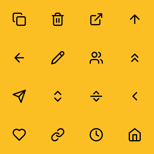Popular Lucide Icons icons: Copy icon, Trash 2 icon, External Link icon, Arrow Up icon, Arrow Left icon, Pencil icon, Users icon, Chevrons Up icon, Send icon, Chevrons Up Down icon, Separator Horizontal icon, Chevron Left icon, Heart icon, Link icon, Clock icon, Home icon