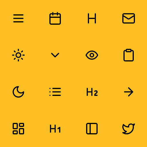 Popular Lucide Icons icons: Menu icon, Calendar icon, Heading icon, Mail icon, Sun icon, Chevron Down icon, Eye icon, Clipboard icon, Moon icon, List icon, Heading 2 icon, Arrow Right icon, Layout Dashboard icon, Heading 1 icon, Panel Left icon, Twitter icon