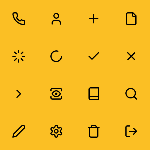 Popular Lucide Icons icons: Phone icon, User icon, Plus icon, File icon, Loader icon, Loader 2 icon, Check icon, X icon, Chevron Right icon, View icon, Book icon, Search icon, Pen icon, Settings icon, Trash icon, Log Out icon