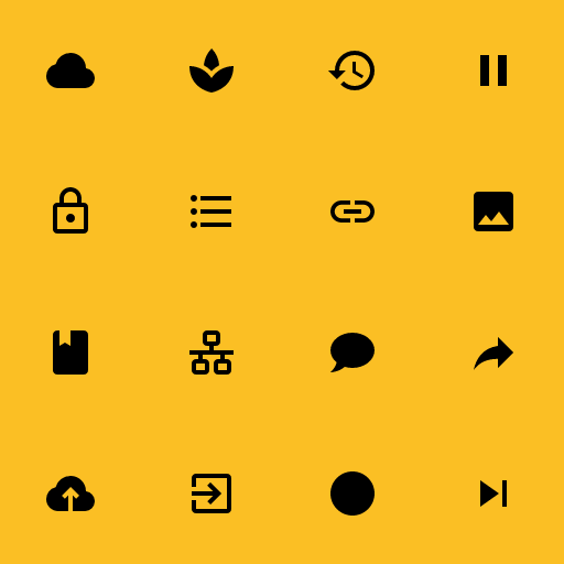 Popular Material Design Icons icons: Cloud icon, Spa icon, History icon, Pause icon, Lock Outline icon, Format List Bulleted icon, Link icon, Image icon, Book icon, Lan icon, Chat icon, Share icon, Cloud Upload icon, Exit To App icon, Circle icon, Skip Next icon