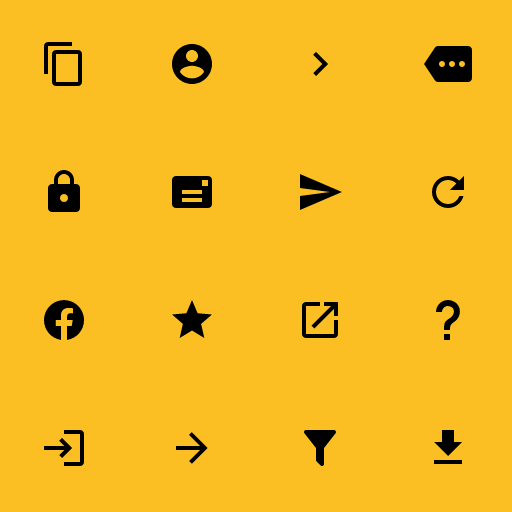 Popular Material Design Icons icons: Content Copy icon, Account Circle icon, Chevron Right icon, More icon, Lock icon, Mail icon, Send icon, Refresh icon, Facebook icon, Star icon, Open In New icon, Help icon, Login icon, Arrow Right icon, Filter icon, Download icon