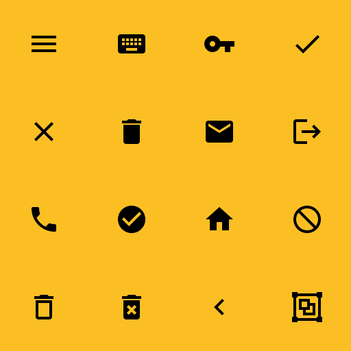 Popular Material Design Icons icons: Menu icon, Keyboard icon, Key icon, Check icon, Close icon, Delete icon, Email icon, Logout icon, Phone icon, Check Circle icon, Home icon, Cancel icon, Delete Outline icon, Delete Forever icon, Chevron Left icon, Group icon