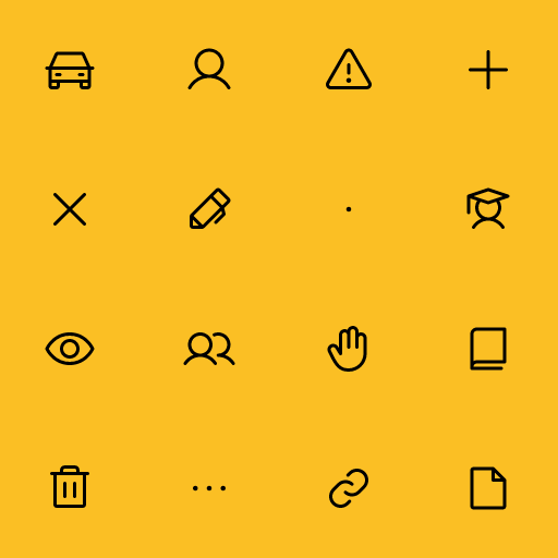 Popular Phosphor icons: Car icon, User icon, Warning icon, Plus icon, X icon, Pen icon, Dot icon, Student icon, Eye icon, Users icon, Hand icon, Book icon, Trash icon, Dots Three icon, Link icon, File icon
