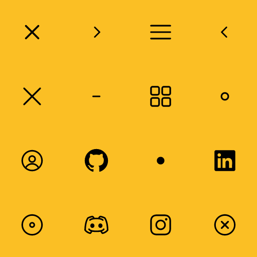 Popular Radix Icons icons: Cross 2 icon, Caret Right icon, Hamburger Menu icon, Caret Left icon, Cross 1 icon, Dash icon, Dashboard icon, Dot icon, Avatar icon, Github Logo icon, Dot Filled icon, Linkedin Logo icon, Disc icon, Discord Logo icon, Instagram Logo icon, Cross Circled icon